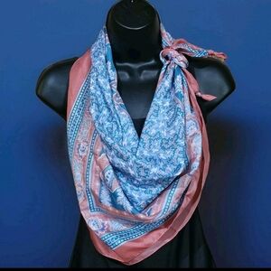 AVON Coral & Blue Scarf Bandana Print Silky Vintage Floral 35" X 35"